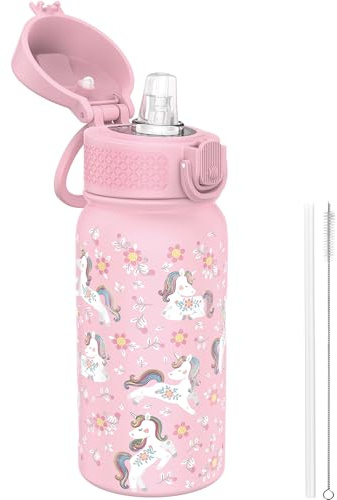 GOPPUS 350ml/12oz Kids Stainless Steel Water Bottle with Straw Toddler Drinks Bottle with Handle Small Insulated Bottles for Girls School Cold Metal Flask with Flip Top Lid BPA Free (Pink Unicorn)