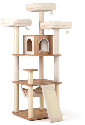 GOPLUS Arbre à Chat XXL 168CM avec 3 Perchoirs Rembourrés, Arbre a Chat en Bois avec Hamac, Planche à Gratter et Poteaux en Sisal, Brosse d'Auto-toilettage, Balles Suspendues, Naturel