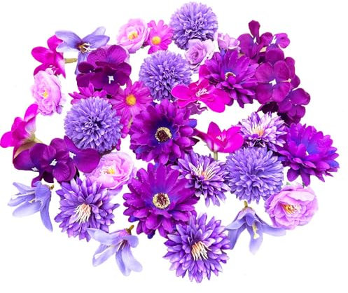 Amajoy Lot de 36 têtes de fleurs artificielles en soie pour projets d'artisanat, gâteau d'anniversaire, guirlande de fleurs, bouquets pour fête de mariage, fête prénatale (violet)