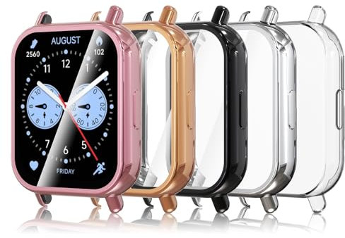 Simpeak 5 Pezzi Cover Compatibile con Xiaomi Redmi Watch 5 Lite,Custodia Caso in Gel Silicone TPU con Pellicola Protettiva Anti-Graffio Full Protezione, Chiaro, Nero, Argento, Oro Rosa, Rosado