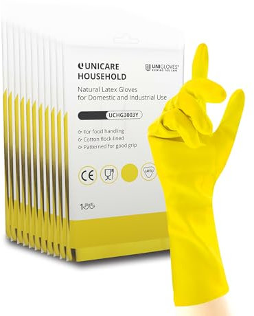 Unicare Household Yellow - Latex Reusable Household Gloves for Cleaning, Washing up and Food Processing - 12 Pairs - Size XL