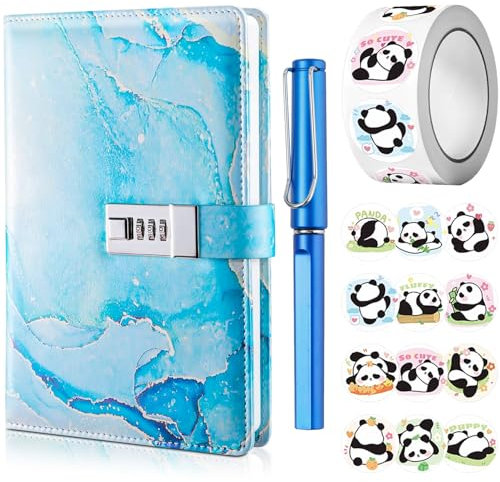 UNIANE Journal intime avec cadenas pour fille - Format A5 - Avec code - Carnet avec stylo et autocollants amusants - En cuir synthétique - Bleu