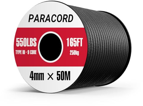 Paracord 550 4mm 50M - Tipo III Corda da Paracadute a 9 Fili, Corda e Filo 100% Poliestere, per Campeggio/Sopravvivenza/Guinzaglio per Cani/Collare/Braccialetto, Max. 250 kg/550 lbs (Nero)