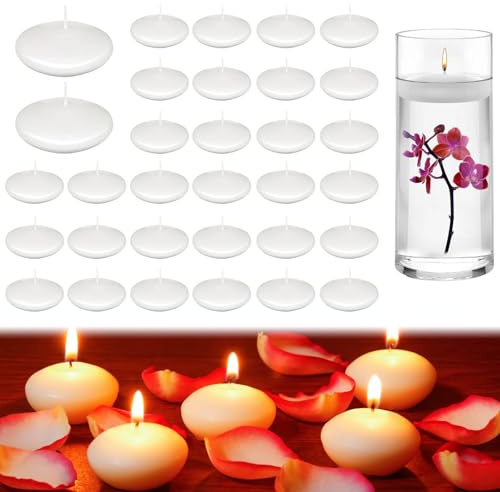 Schwimmkerzen Weiss 32 Stück, Wasserkerzen, Schwimmende Teelichter 3,7x1,6 | Rauchlose Floating Candles, Reines Paraffinwachs, Gleichmäßiger Abbrand, Für Gläser und Vasen, Romantische Tischdeko