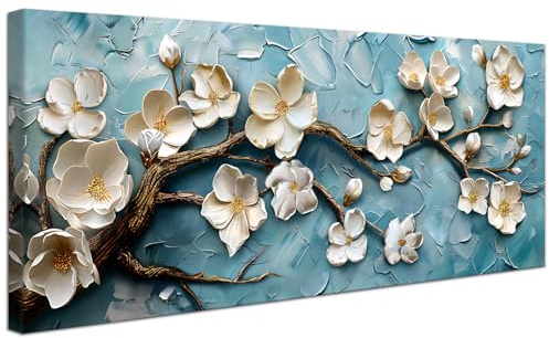 Framed Large Canvas Wall Art For Living Room White Flowers Floral Painting Wall Decor For Bedroom Luxury Abstract Blue Picture Poster Canvas Print Dining Room Office Artwork Hotel Home Decor 50x120cm
