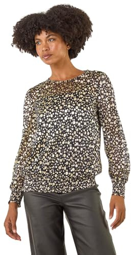 Roman Originals Spot Print Plisse Shirred Top for Women UK - Ladies Everyday Autumn Winter Round Neckline Comfy Soft Evening Vacation Work Party Night Out