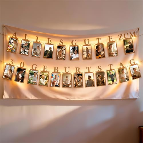 TUZELITY Fotogirlande 30. Geburtstag Deko Männer Frauen– 30. Geburtstagsdeko Fotogirlande für Geburtstagsparty – Alles Gute zum 30. Geburtstag Girlande inkl. LED-Lichterkette