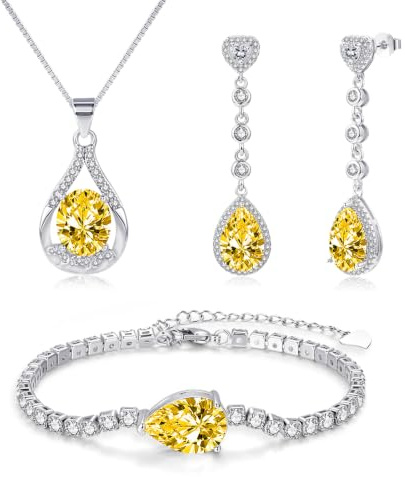 Zecimi Schmuck Set Damen, Tropfen Silber Ohrhänger & Halskette & Armband | Schmuckset mit Farbig Zirkonia Kristall, 925 Sterling Silber Hypoallergen Brautschmuck für Damen, Modeschmuck für Frau