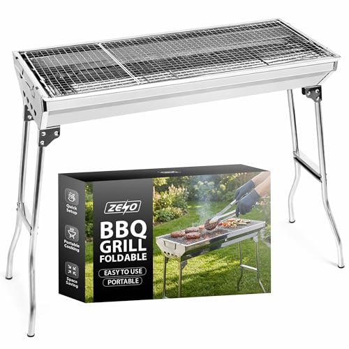 ZENO Portable BBQ Grill | Folding Charcoal Barbecue For Camping, Garden, Picnic | Steel Large Grill With Stable Fold Out Legs Wide Cooking Area And Travel Ready Design