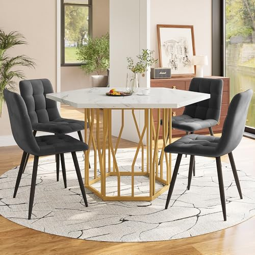 Ensemble De Table À Manger Et Chaises (5 Pièces), Table Hexagonale Moderne en MDF avec Motif Marbré + 4 Chaises en Velours Gris, Pieds Dorés, pour Salle À Manger, Bureau Et Salon, 115.5 x 100 cm