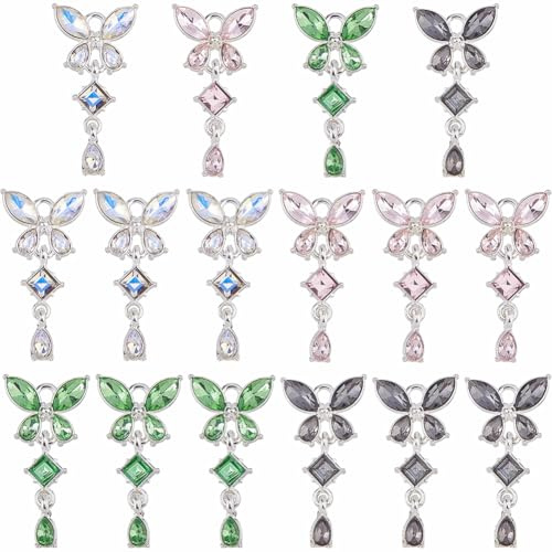 SUPERFINDINGS 16Stk Schmetterling Anhänger Legierung Strass Schmetterling Charm Mikrogefasst Zirkonia Anhänger Elegante Kristall Zirkonia Charm Mit Silberner Öse,' Loch 2.5mm