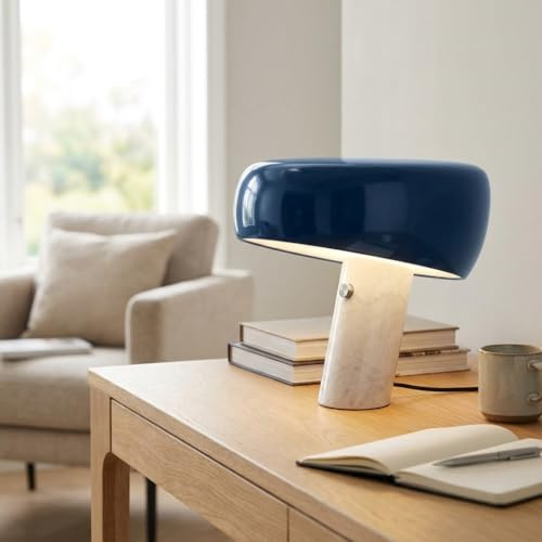 BARCELONA LED Moderne Blau Tischlampe mit Weißem Marmorsockel, Klassisches und Luxuriöses Design für Schreibtisch, oder Wohnzimmer, Retro, Eleganter Stil, Kleine Direkte E27-Beleuchtung, 28cm