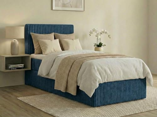 A&J MöbelLand Boxspringbett RALF 90x200 mit Bettkasten und Topper – Bonellmatratze H4 – Stauraum Links – Blau