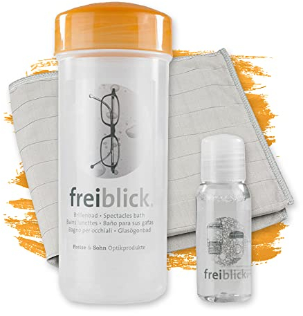 Freiblick Brillenbad (Orange) im Set mit 50ml Spezialreiniger und Mikrofasertuch | Brillenputztuch in Optiker Qualität | Brillenreinigung für jede Brille