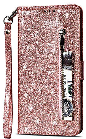 Artfeel Reißverschluss Brieftasche Hülle für Samsung Galaxy S9 Plus, Bling Glitzer Leder Handyhülle mit Kartenhalter,Flip Magnetverschluss Stand Schutzhülle mit Tasche und Handschlaufe-Roségold