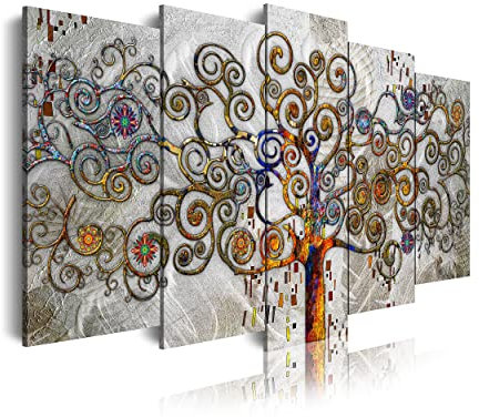 DekoArte 477 - Quadri moderni Stampa di Immagini Artistica Digitalizzata | Tela Decorativa Per soggiorno o Stanza da letto | Stile Astrazioni Albero della Vita Gustav Klimt Argento | 5 Pezzi 150x80cm