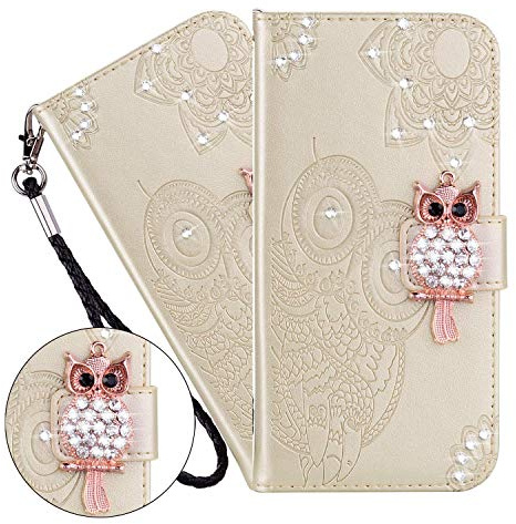 LEMAXELERS Huawei Y6P 2020 Hülle,Für Huawei Y6P Handyhülle Glitzer Diamant Eule Blume Prägung Flip Case PU Leder Cover Magnet Schutzhülle Ständer Handytasche für Huawei Y6P,YK Owl Gold