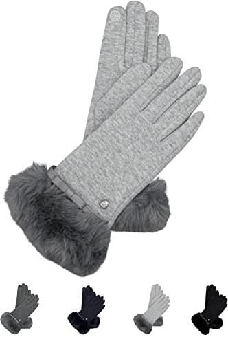AKAROA ESTD 2019 Damen Handschuhe Liz, Touchscreen Handschuhe, extra weiches Teddyfutter, elastisches Jerseymaterial, Kunstfellstulpe, 100% vegan, hellgrau melange, M/L
