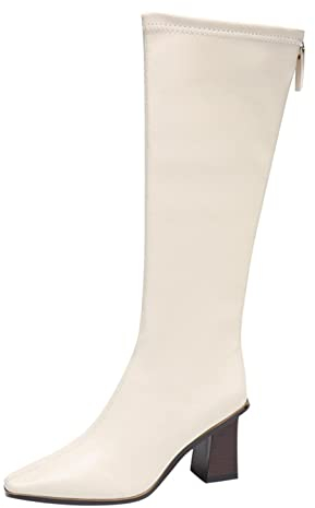 Stivale Donna al Ginocchio Stretch Stivali Alti Eleganti Scarpe Stivali con Zeppa Autunno Stivaletti Invernali Caldi Zip Laterale Punta Tonda Tacchi Alti Quadrati (40,Beige)