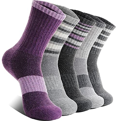 EBMORE Womens Merino Wool Socks Thermal Warm Winter Hiking Walking Stocking Fillers Women Boot Crew Cushion Work Gift Socks 5 Pairs(Striped-A,M)