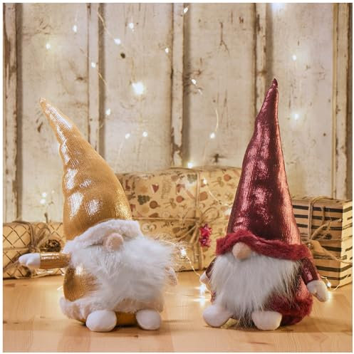 com-four® 2X Premium Weihnachts-Wichtel für die Weihnachtsdeko, winterliche Figur als Dekoartikel, niedlicher Kantenhocker als Raumschmuck oder Geschenk (2 Figuren goldfarben rot 37cm)