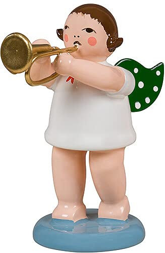 KDE Ellmann Engel mit Kornett - 6,5 cm - grüne Flügel - Weihnachtsengel Erzgebirge