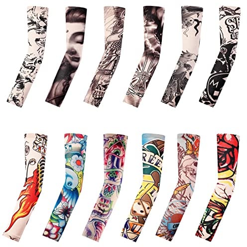 VEGCOO Art Arm Fake Tattoo Sleeves Cover, Unisex Temporary Arm Stockings Fashion Tattoos & Body Art Nylon Seamless Soft Sunscreen Sleeves For Unisex Party Cool Man/Woman/Adults (C)