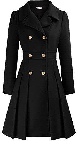 GRACE KARIN Women's Double-Breasted A Line Coat Puffed Sleeve Long Trench Coat Outwear for Winter Black A-Line Peacoat L