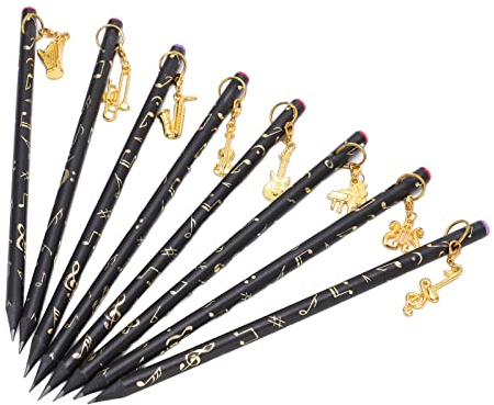 Holz Bleistifte, 8PCs Musiknoten Form Bleistifte Bleistifthalter, Muster Anhänger Schreibwaren Kit Schwarz Bleistift für Kinder Studenten Musiker
