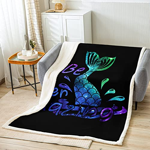 Meerjungfrau Bettdecke Ozean Meerjungfrau Schwanz Überwurf Decke für Kinder,Grün Teal Blau Glitzer Farbverlauf Tie Dye Fleece Decke Marine Life Fischschuppen Decke Meerestier Sofa Dekor 100X130