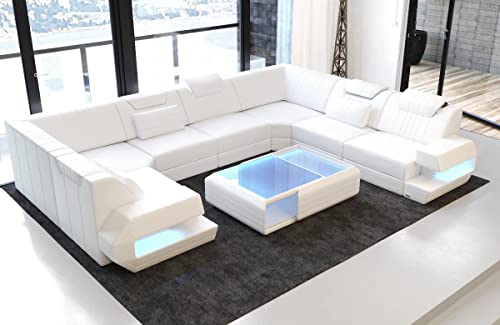 Sofa Wohnlandschaft Ragusa Ledersofa U Form - mit LED Beleuchtung, verstellbare Kopfstützen/Lederfarben wählbar/Ausrichtung wählbar (Lange Seite rechts, White)