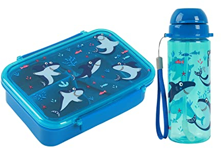 I-Drink – Bundle Lunch box + Borraccia Tritan 400ml, per Bambini, Porta Merenda, Picnic, Scuola, Senza BPA, con Disegni di Infanzia (Squalo)