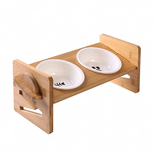 Elevated Dog Bowls - Adjustable Stand Feeder with 2 Ceramic Raised Bowls for Small Dogs and Cats