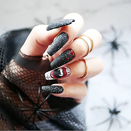 Künstliche Nägel für Halloween, Sarg, matt, lang, zum Drücken auf die Nägel, Halloween, schwarz, Kunstblut, Acryl, volle Abdeckung, falsche Nägel, Acrylnägel für Frauen und Mädchen