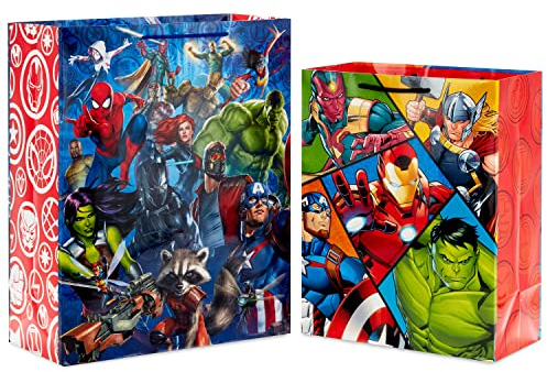 Hallmark Marvel Avengers Superhelden Geschenktüten-Set (1 große 13-Zoll-Tasche und 1 extra große 15-Zoll-Tasche) mit Spider-Man, Hulk, Thor, Iron Man für Geburtstage, Weihnachten, Halloween