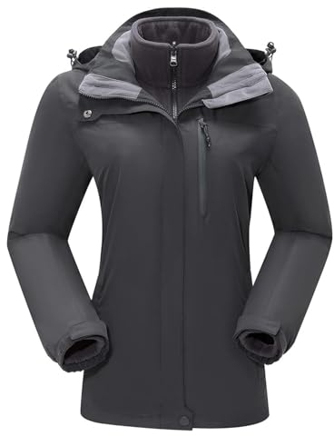 Damen Skijacke 3 in 1 Wanderjacke mit Fleece Wasserdicht Atmungsaktiv Funktionsjacke Winterjacke Winddichte Outdoorjacke mit Abnehmbare Kapuze für Winter Sport,Grau XL