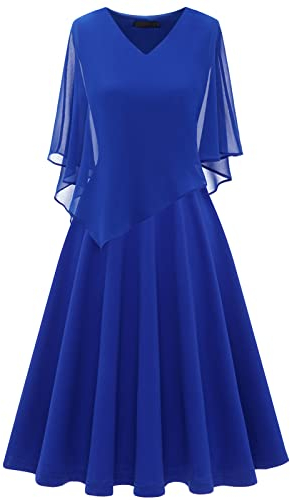 DRESSTELLS Vestido de Cóctel para Mujer con Capa de Gasa y Cuello en V Superpuesto, Vestido de Fiesta, Vestido de Invitada de Boda Azul Real 3XL
