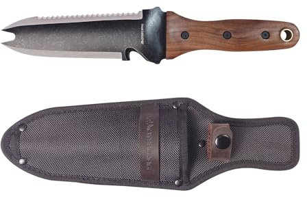 Hori Hori - Cuchillo de jardín con vaina para mujer, hoja de acero inoxidable 8CR con borde de corte, mango de madera de nogal con agujero para colgar