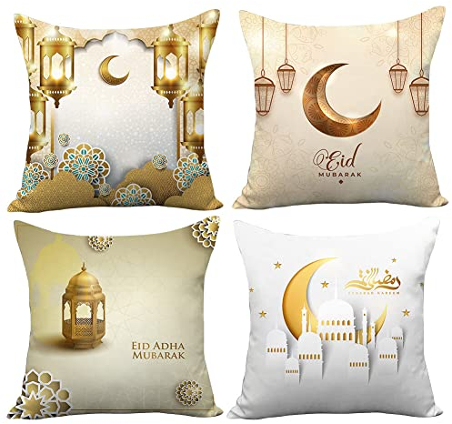 4 Stücke Ramadan Kissenbezug Eid Mubarak Zierkissenbezüge Set Mond Laterne Kissenhülle Dekorative Dekokissen Bezug Quadratisch Minimalist Wurfkissenbezüge für Ramadan Muslim Islamischen Dekoration