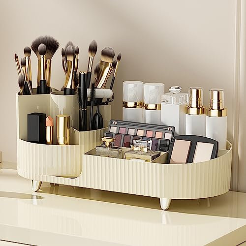 NWK Makeup Organiser with 360° Rotating Makeup Brush Holder Cosmetice Organiser for Lipsticks Brushes Perfume Lotions (Creamy White, 1 Tier)