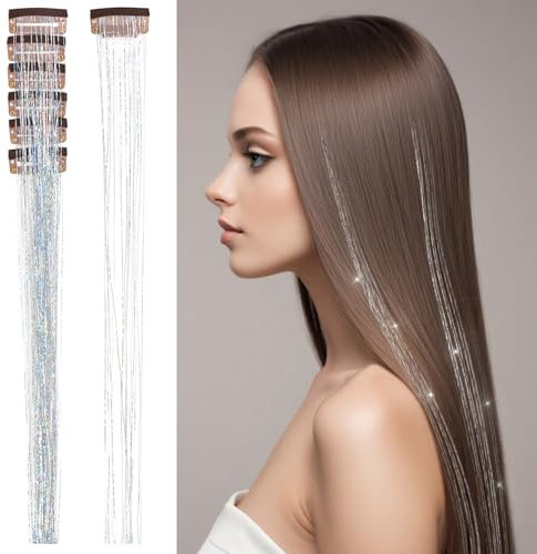 6 Stück Glitzer Haarsträhnen Lametta 20.5 Zoll Clip in Hair Tinsel Hair Extensions Glitter Girls Zubehör für Frauen Mädchen Haar Styling Festival Party Geschenk (Silber）