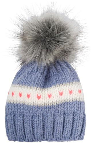 styleBREAKER Kinder Strick Bommelmütze Herzchen Muster Fleece | Für 3-5 Jahre (48-54cm Kopfumfang), 20cm Bundweite, 18cm Höhe, isolierendes Thermo-Innenfutter, 10cm Fake-Fur Pompon, weich.
