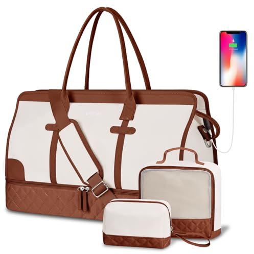 ETRONIK Weekender Übernachtungstasche für Frauen, große Reisetasche mit Schuhfach & Nasstasche, Handgepäcktasche, Turnbeutel mit Kulturbeutel, 4-teiliges Set, mittlere Größe, Beige-Braun