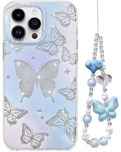 Efitoo for iPhone 15 Pro Max Case Glitter Butterfly Design Cute Clear with Strap Wrist Bling Sparkle Purple Blue Aesthetic Protective Glossy Phone Cover Women Girls (for iPhone 15Pro Max)