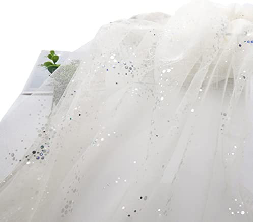 SYSUII 160cm * 2m Chiffon Glitzer Tüll Dekostoff mit kleine Pailletten Dekostoff Kostümstoff zum Nähen Durchsichtig Stoff Tüll Pailletten-Stoff für DIY Hochzeit Kleid Dekoration Tischedeko-Beige