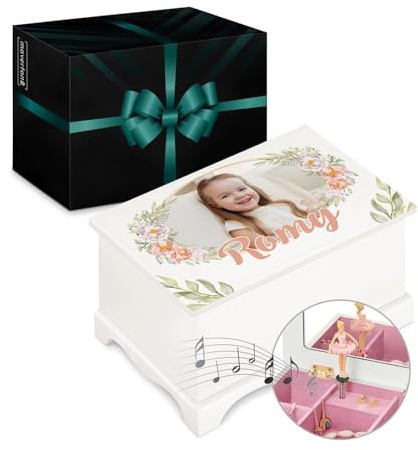 Maverton personalisierte Musik Schmuckdose mit Aufzieh-Spieluhr - Schmuckkästchen Ballerina - Musikspieldose für Mädchen zur Geburt - zum Geburtstag - zu Weihnachten - ohne Schublade - Blumenmotiv