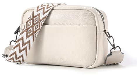 Damen Handy Umhängetasche aus Echtem Leder - Modernes Crossbody Bag mit breitem Schultergurt und 3 Fächern, ideal für Reisen und den täglichen Gebrauch-Weiß