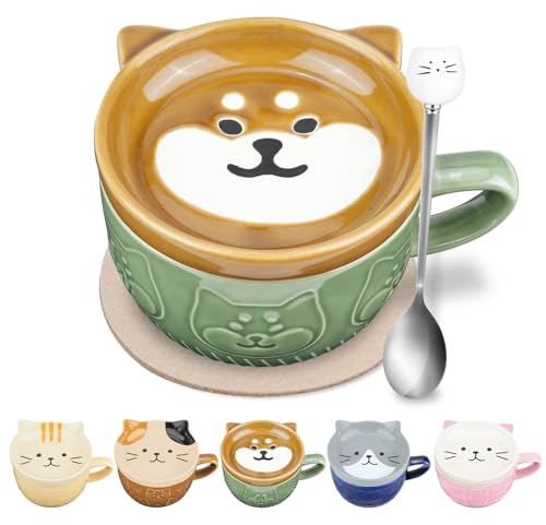 Kawaii Tazas de Cafe de Cerámica Con Tapa, Engraçadas Animales Tazas para Navidad, Juego de Taza Gato de Dibujos Animados para Niñas, Amigas, Mamás