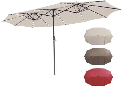RELAX4LIFE Ombrellone Doppio da Giardino 450 x 260 cm, Ombrellone Parasole con Luci LED e Manovella, Tetti Ventilati, Ombrellone da Esterno per Patio, Cortile, Ristorante o Bar (Beige-Luci)