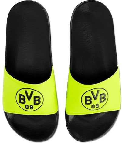 Dortmund Borussia BVB Neon Badeschlappen Slides Badelatschen (black/neon, EU Schuhgrößensystem, Erwachsene, Numerisch (von/bis), M, 41, 42)